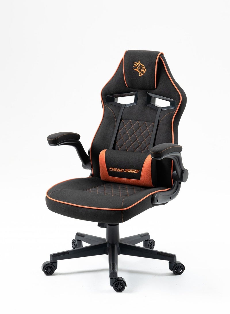 porodo Gaming Chair with Fabric Covered Cushion and Class 3 Gas Lift 100mm / Breathable Fabric /Adjustable Armrest / Lumbar Pillow / Comfortable & Durable / Ergonomic Gaming Chair - Black - Image 1